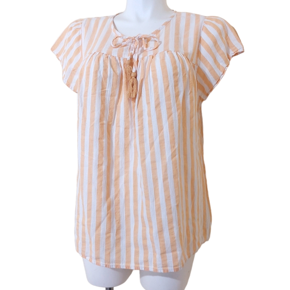St. John's Bay Plus Size Yellow Striped Prairie Top Flutter Sleeve Blouse